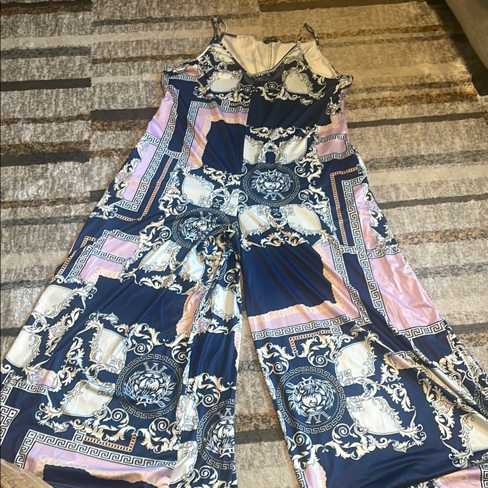 Modern Blue and Pink Patterned Jumpsuit with Wide-Leg Design